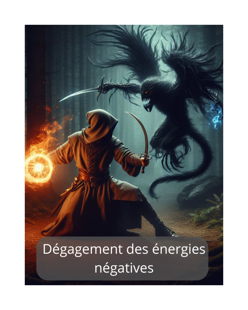 Nancy et les Dragons
Dégagement des énergies négatives
Il y a parfois aussi des énergies extérieures qui viennent accentuer tes difficultés.
Le dégagement permet de te libérer de tout ce qui est entité, magie noire, sorcellerie, et autres joyeusetés du genre, qu’elles soient liées à ta vie actuelle, qu’elles te soient transmises par tes ancêtres ou que tu les ramènes d’une vie précédente.